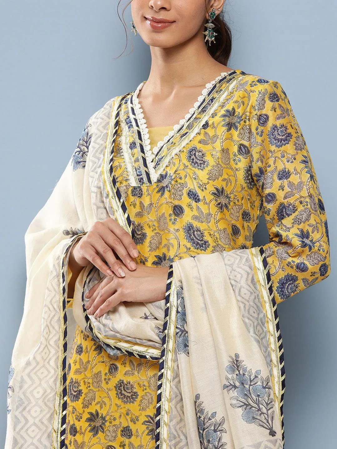 Jashvi Yellow Pure Chanderi Kurta Pant Set with Dupatta