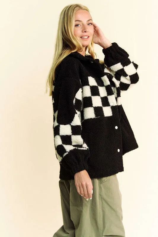 kesley Full Size Checkered Snap Down Faux Fur Jacket