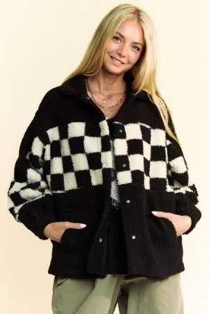 kesley Full Size Checkered Snap Down Faux Fur Jacket