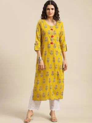 KSUT Women Yellow Geometric Printed Thread Work Kurta