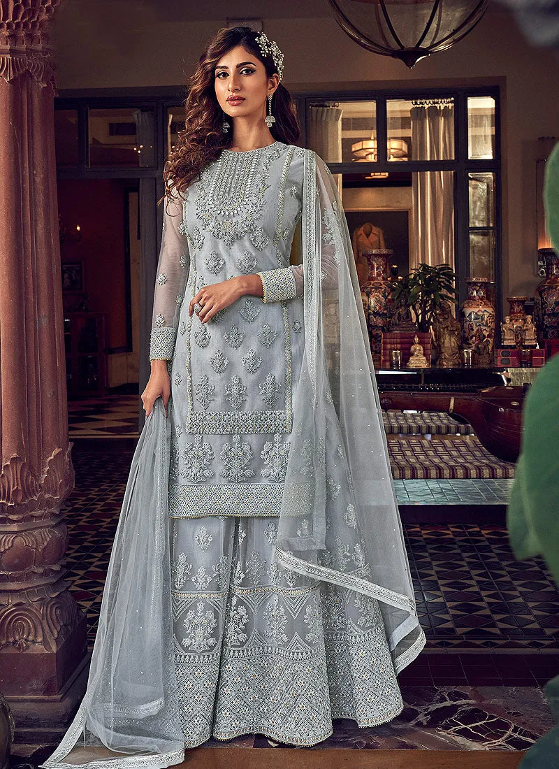 Light Blue Embroidered Sharara Suit