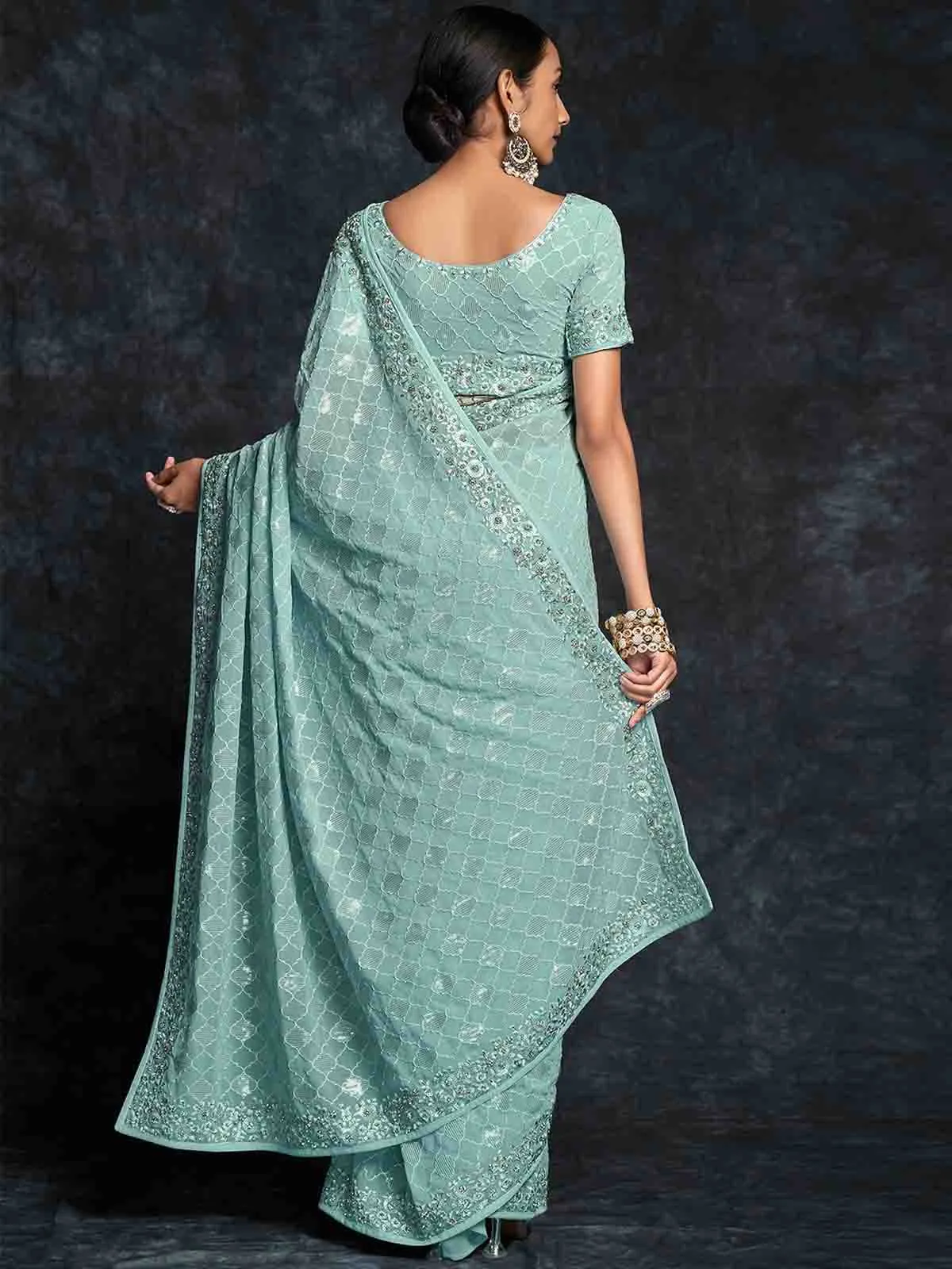 Light Blue Georgette Embroidered Saree With Unstitched Blouse