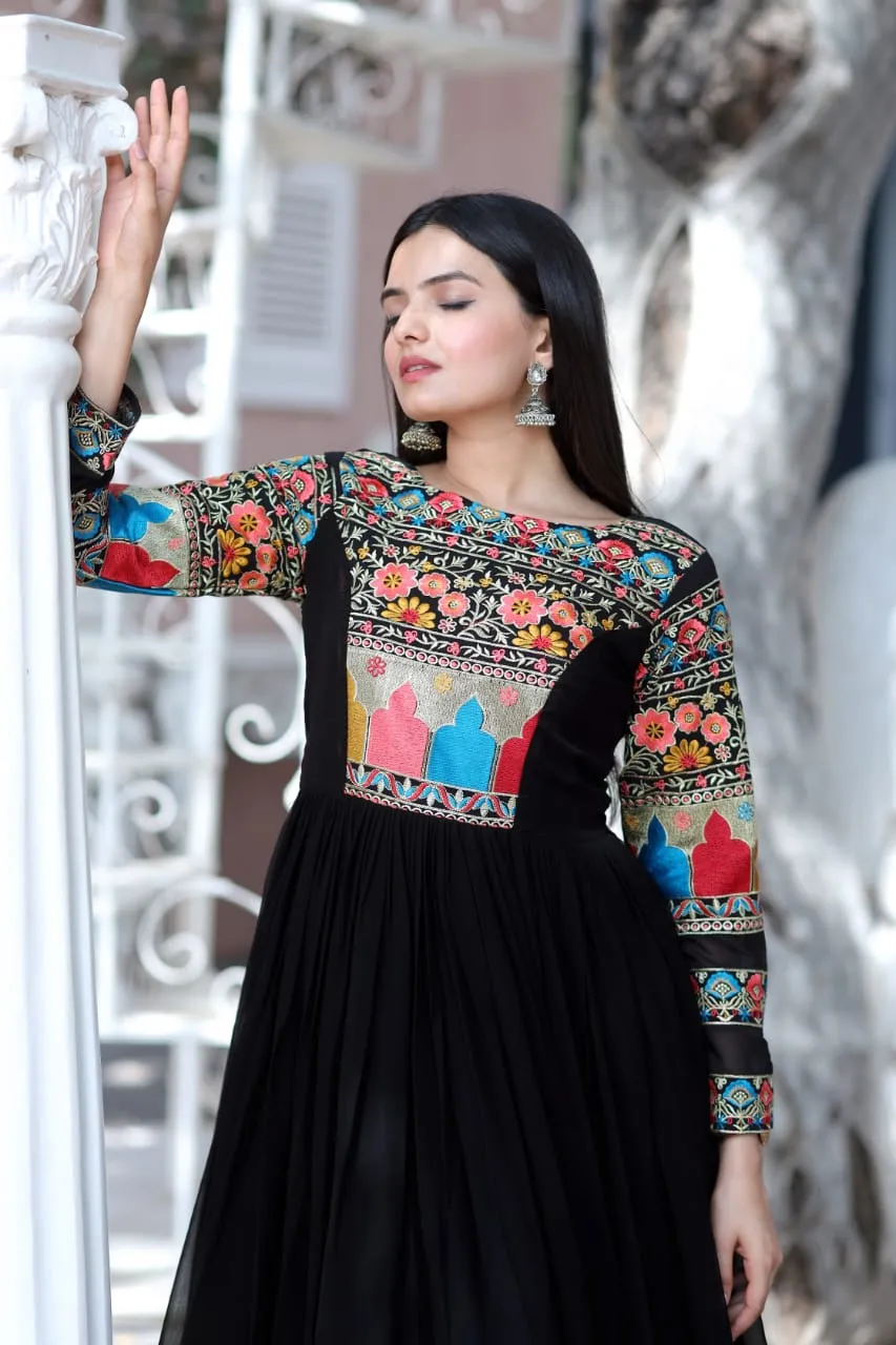 Lovely Multi Embroidery Work Full Sleeves Gown