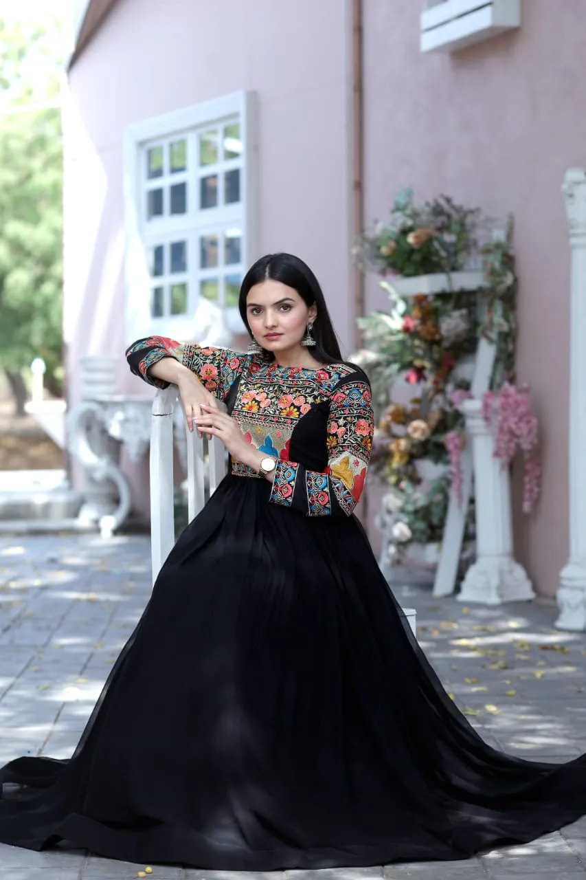 Lovely Multi Embroidery Work Full Sleeves Gown