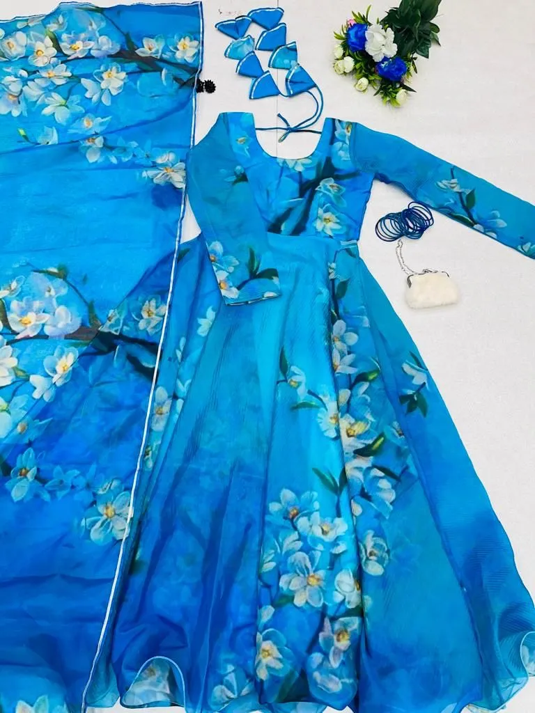 Lovely Organza Silk Sky Blue Color Digital Printed Gown