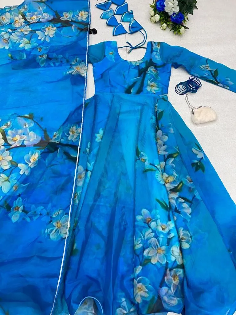 Lovely Organza Silk Sky Blue Color Digital Printed Gown