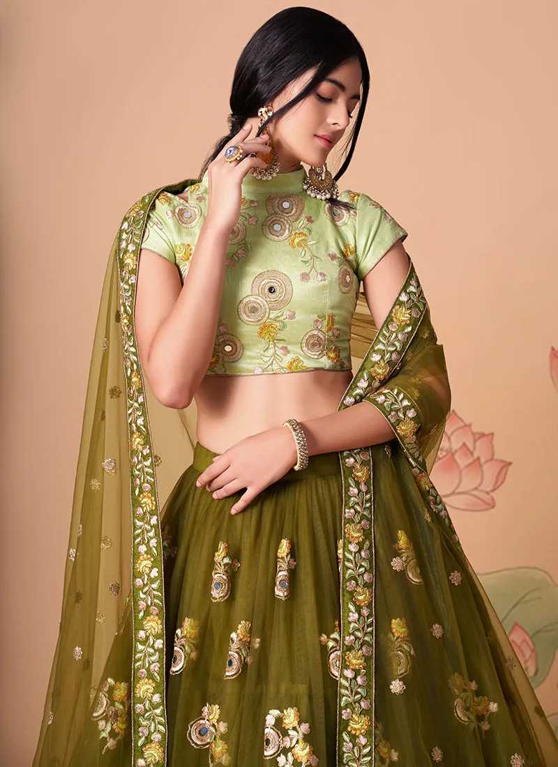 Mehendi Green Multi Embroidery Wedding Lehenga Choli