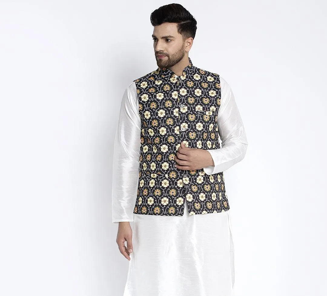 Men's Black & Yellow Printed Nehru Jacket - Benstoke