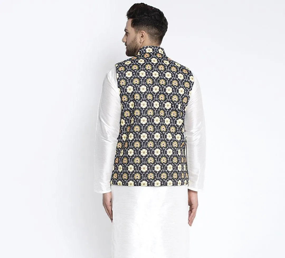 Men's Black & Yellow Printed Nehru Jacket - Benstoke