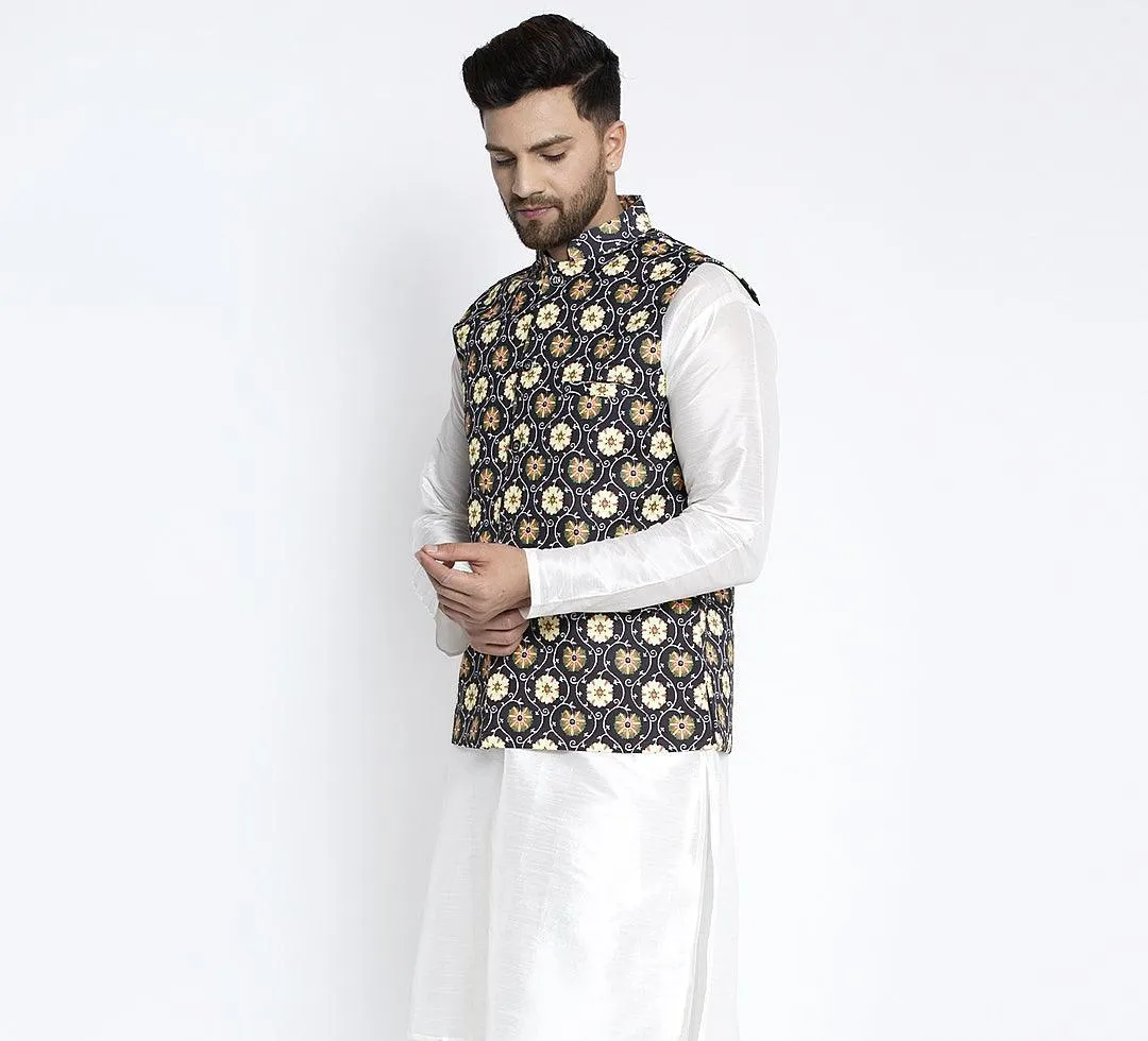 Men's Black & Yellow Printed Nehru Jacket - Benstoke