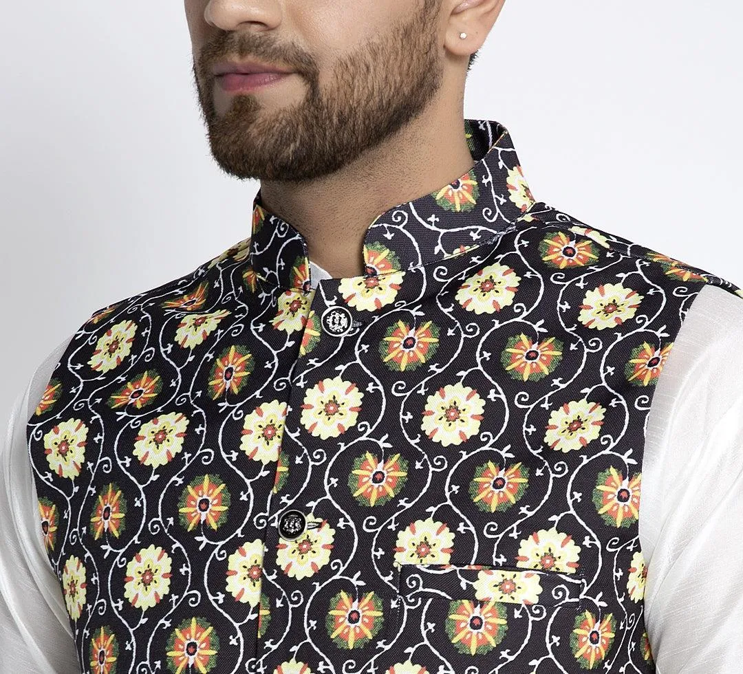 Men's Black & Yellow Printed Nehru Jacket - Benstoke