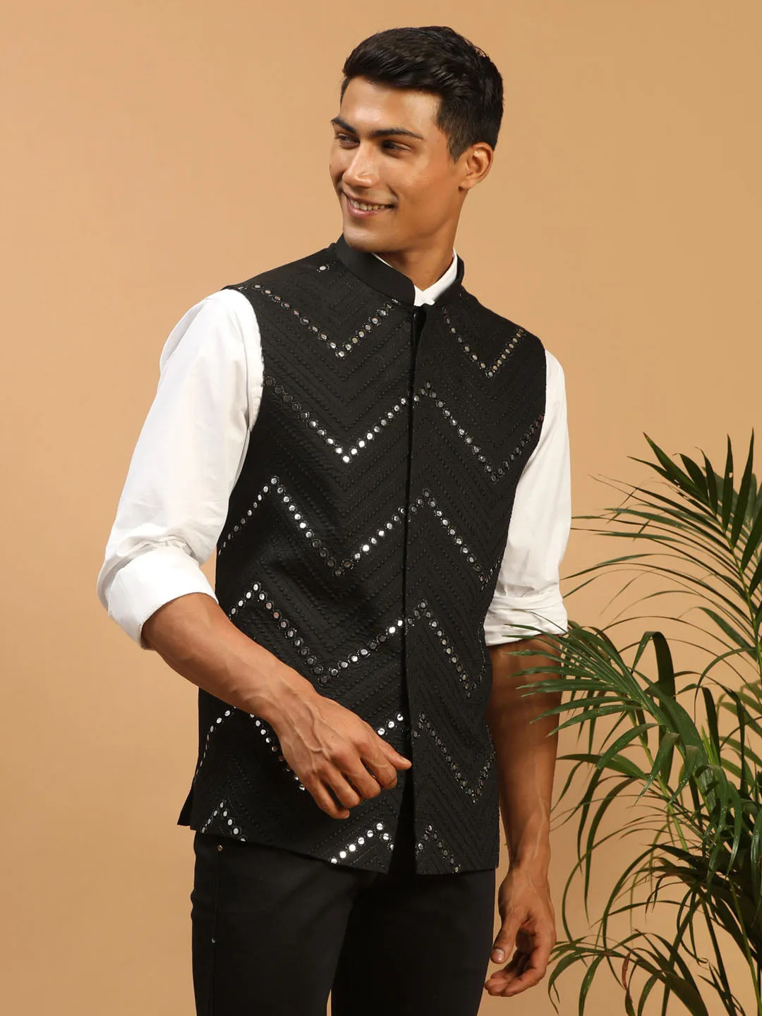 Men's Black Mirror Work Nehru Jacket - Shrestha By Vastramay