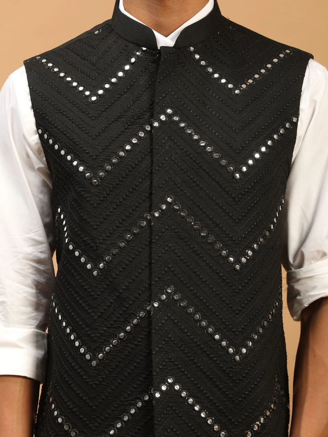 Men's Black Mirror Work Nehru Jacket - Shrestha By Vastramay