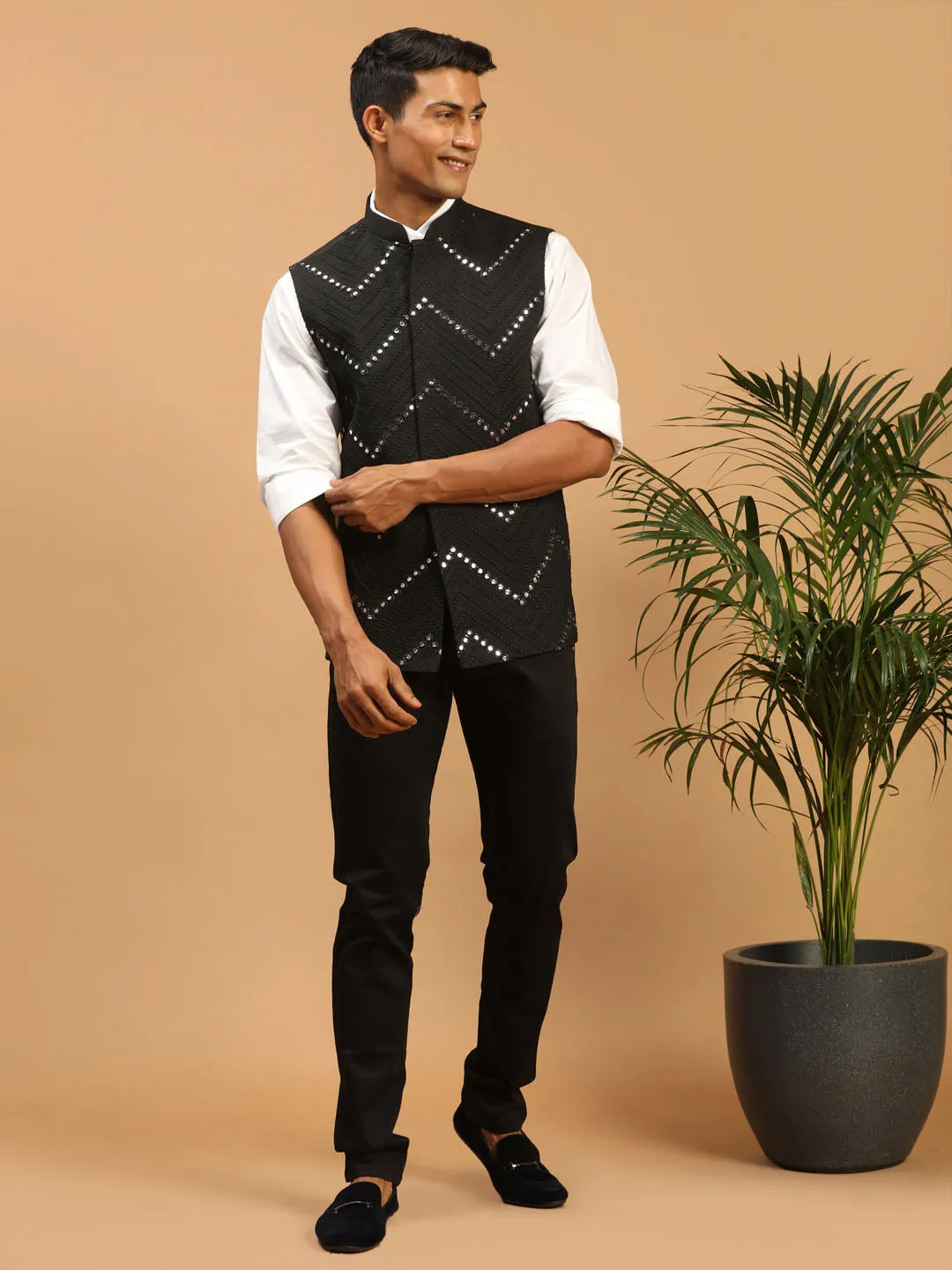 Men's Black Mirror Work Nehru Jacket - Shrestha By Vastramay