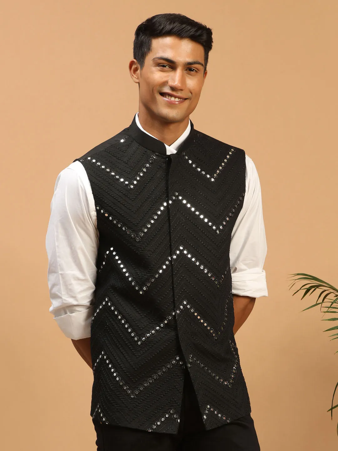 Men's Black Mirror Work Nehru Jacket - Shrestha By Vastramay