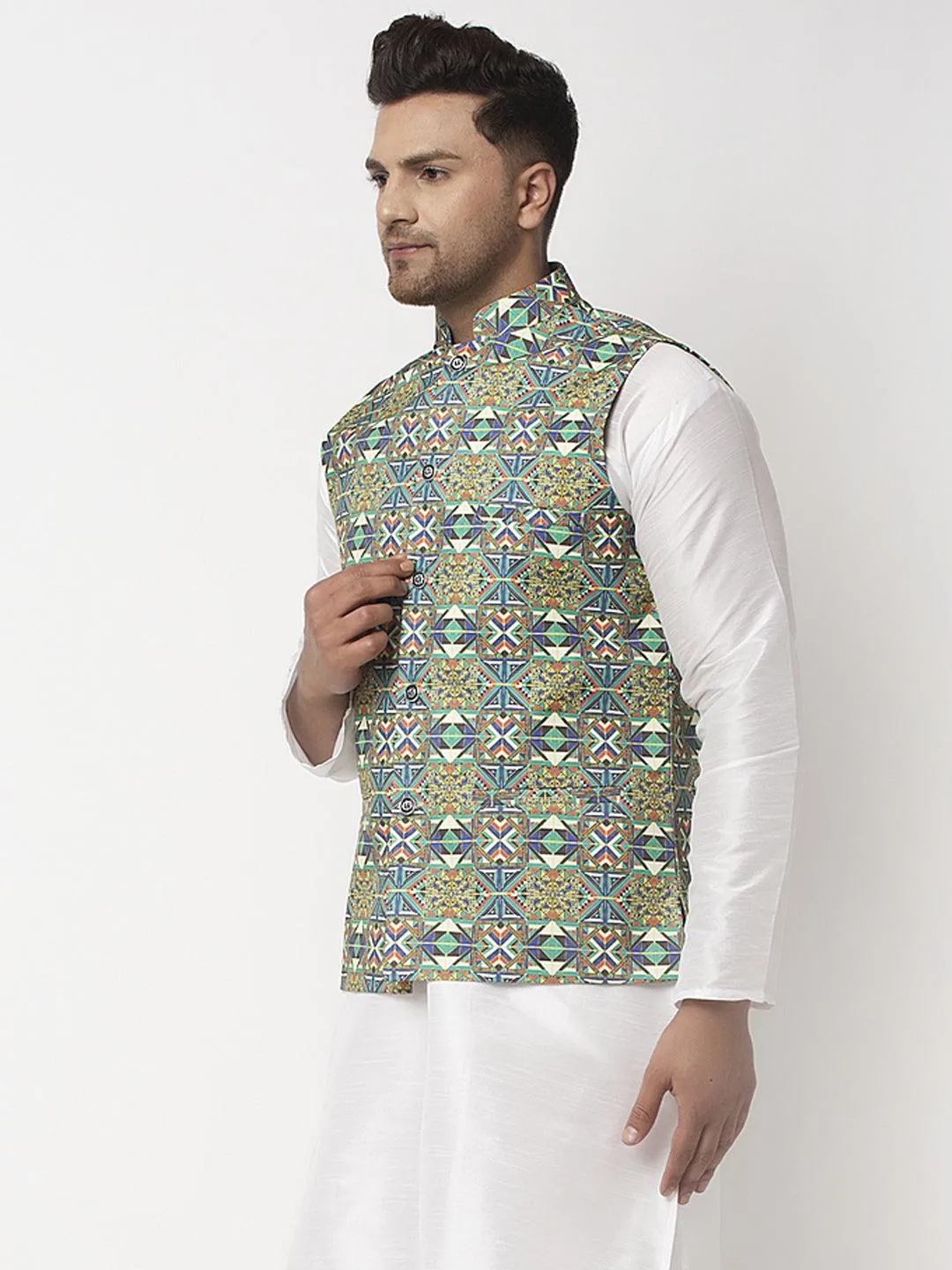 Men's Green & Blue Printed Nehru Jacket - Benstoke