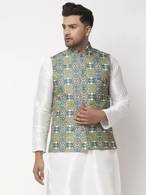 Men's Green & Blue Printed Nehru Jacket - Benstoke