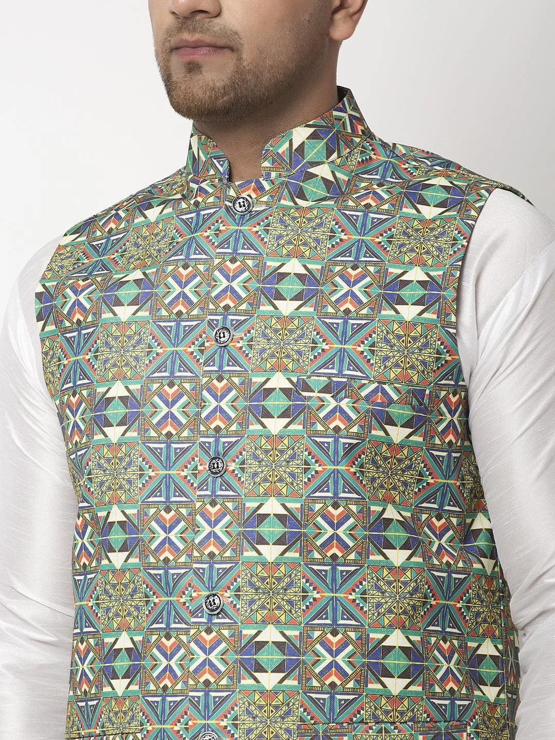 Men's Green & Blue Printed Nehru Jacket - Benstoke