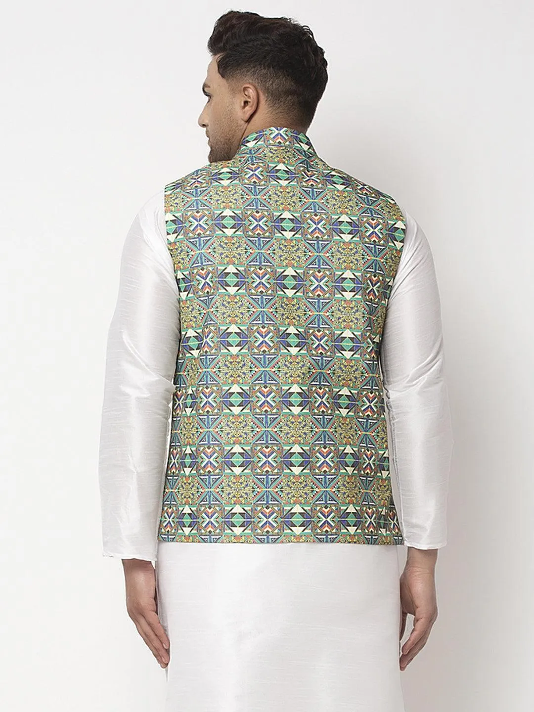 Men's Green & Blue Printed Nehru Jacket - Benstoke