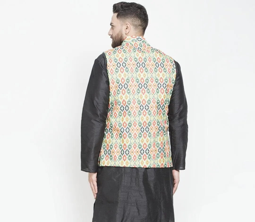 Men's Green & Multi Printed Nehru Jacket - Benstoke