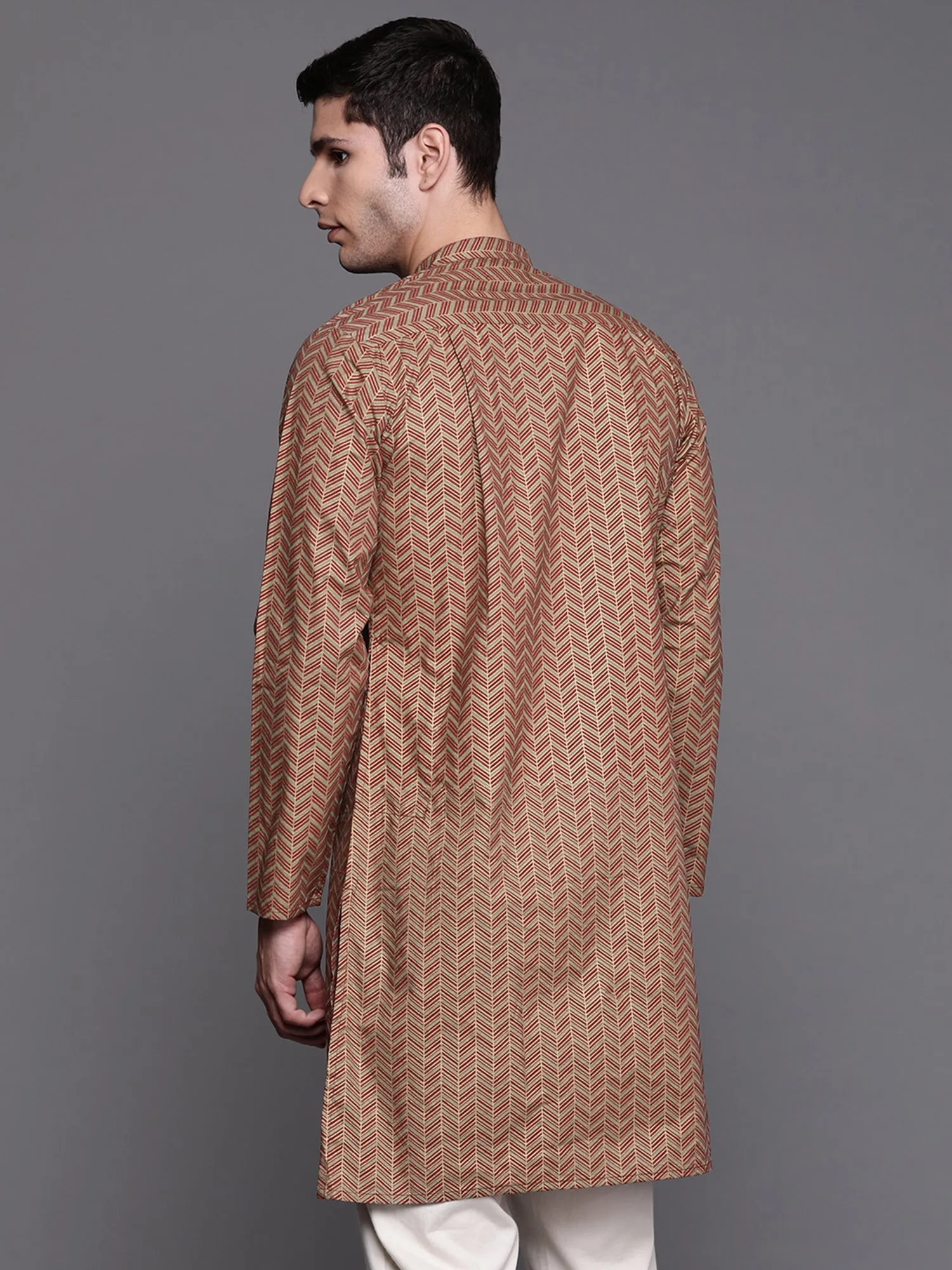 Men's Green Herringbone Cotton Straight Kurtas - Indo Era