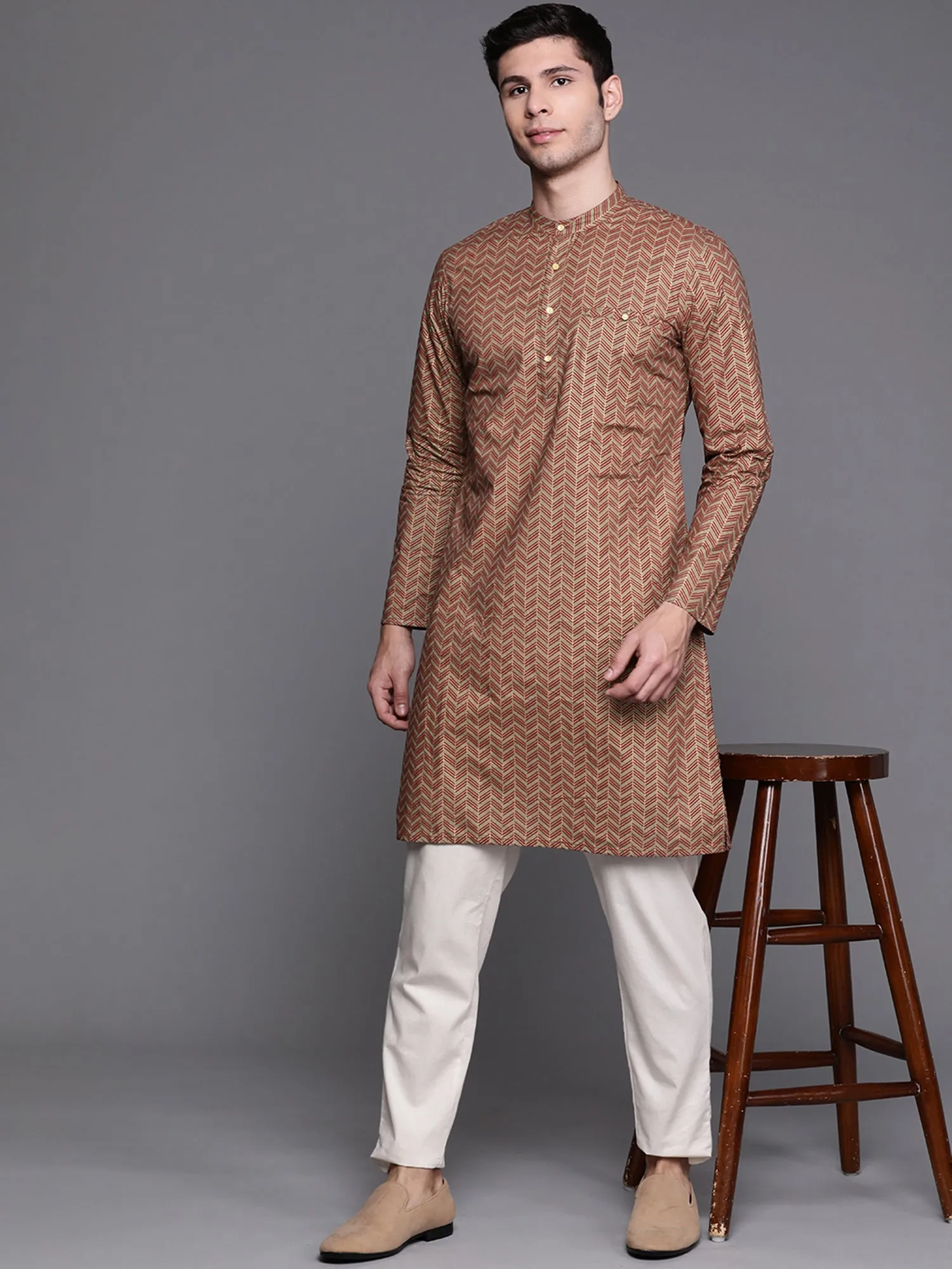 Men's Green Herringbone Cotton Straight Kurtas - Indo Era