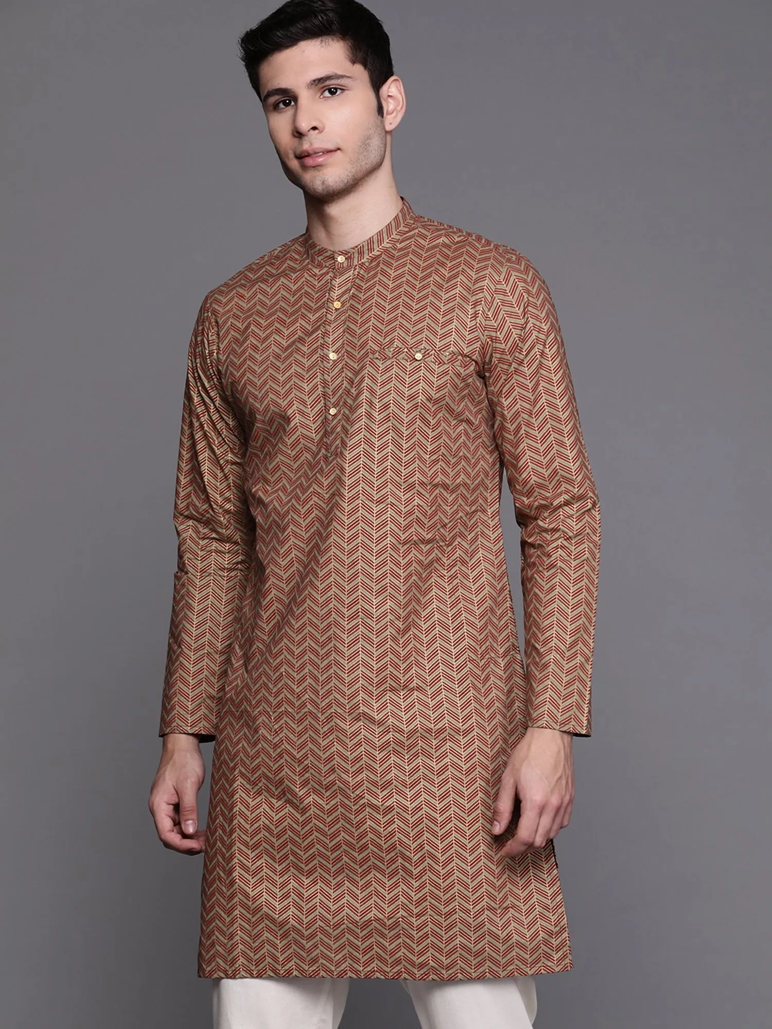 Men's Green Herringbone Cotton Straight Kurtas - Indo Era