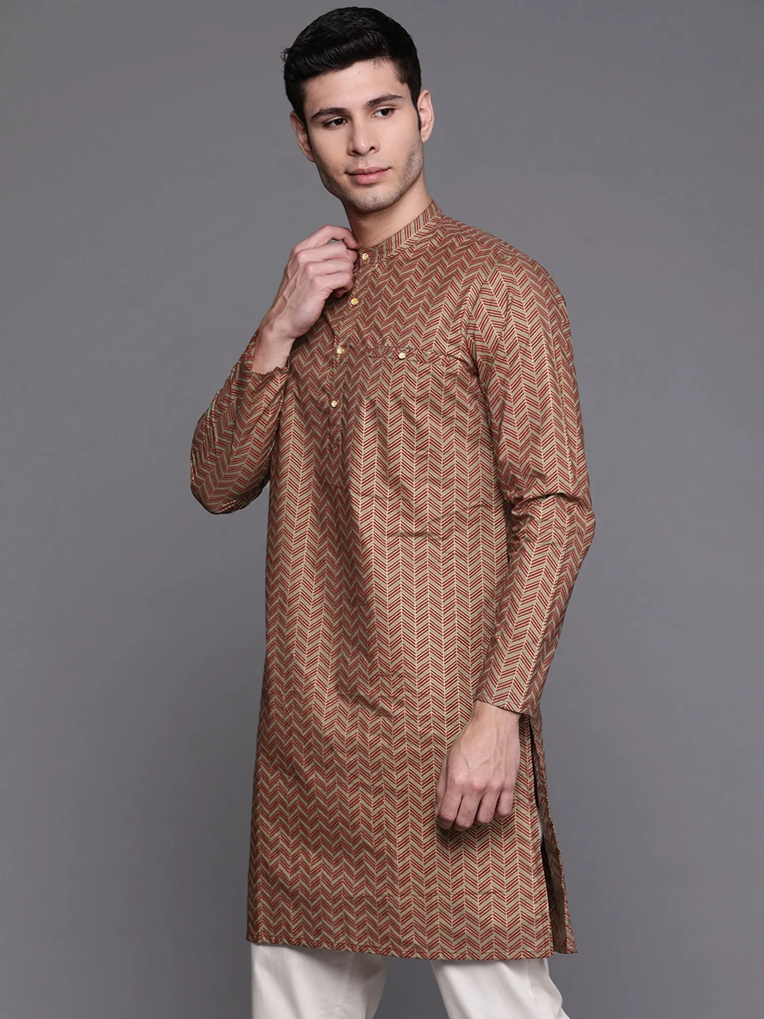 Men's Green Herringbone Cotton Straight Kurtas - Indo Era