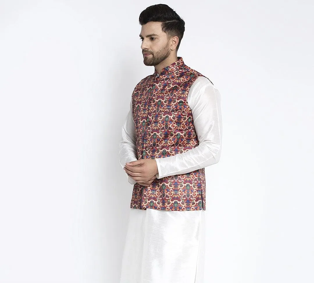 Men's Maroon & Multi Printed Nehru Jacket - Benstoke