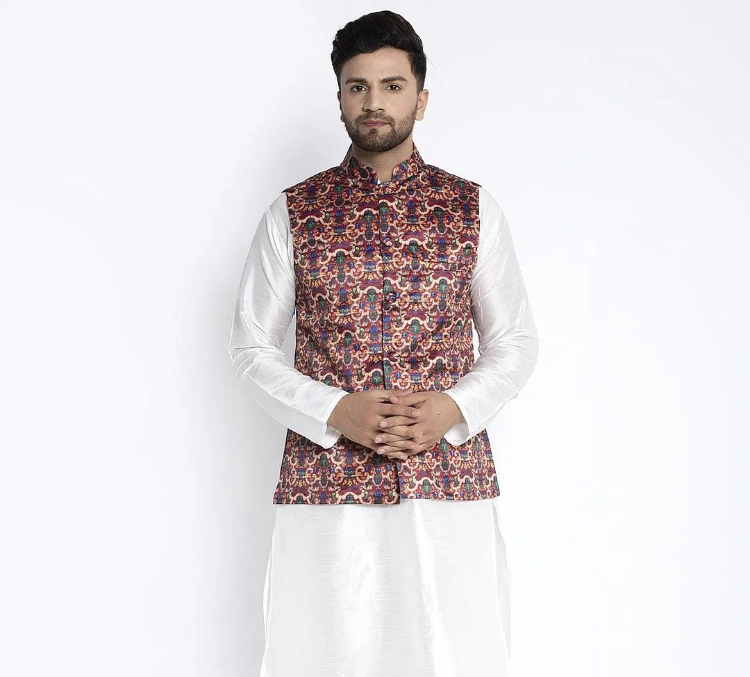 Men's Maroon & Multi Printed Nehru Jacket - Benstoke