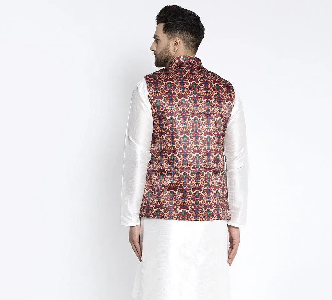 Men's Maroon & Multi Printed Nehru Jacket - Benstoke