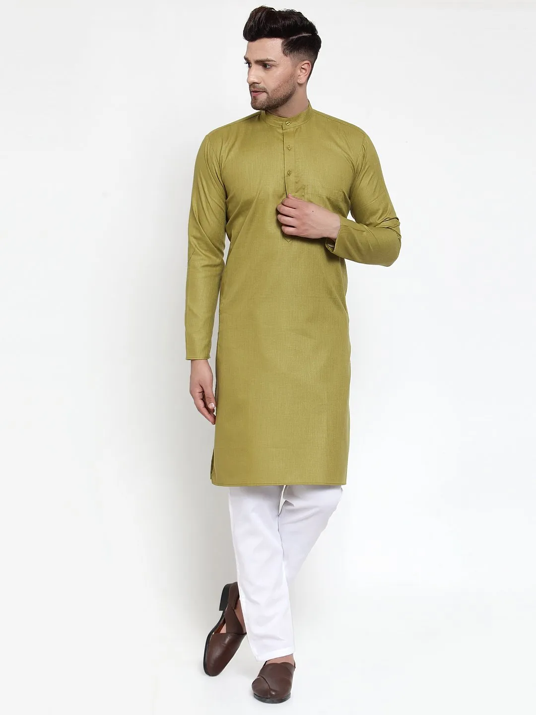 Men's Olive Green & White Solid Kurta Only ( KO 611 Olive ) - Virat Fashions