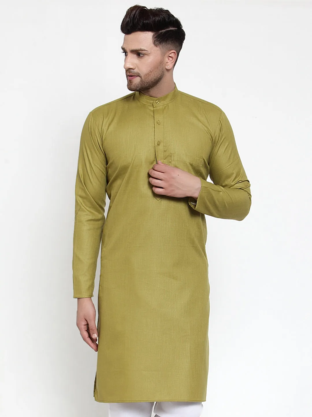 Men's Olive Green & White Solid Kurta Only ( KO 611 Olive ) - Virat Fashions