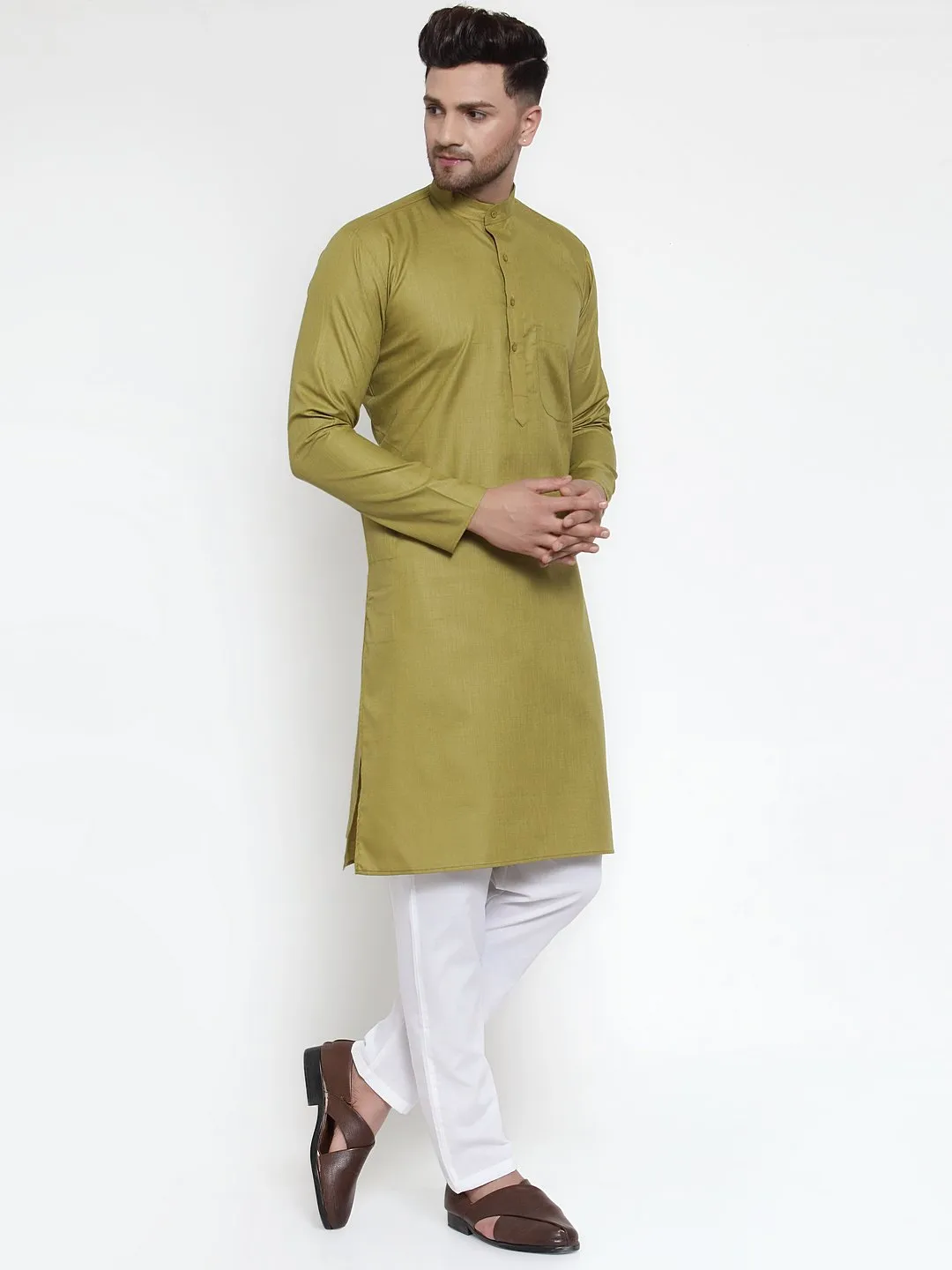 Men's Olive Green & White Solid Kurta Only ( KO 611 Olive ) - Virat Fashions