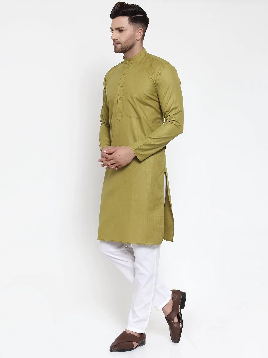 Men's Olive Green & White Solid Kurta Only ( KO 611 Olive ) - Virat Fashions