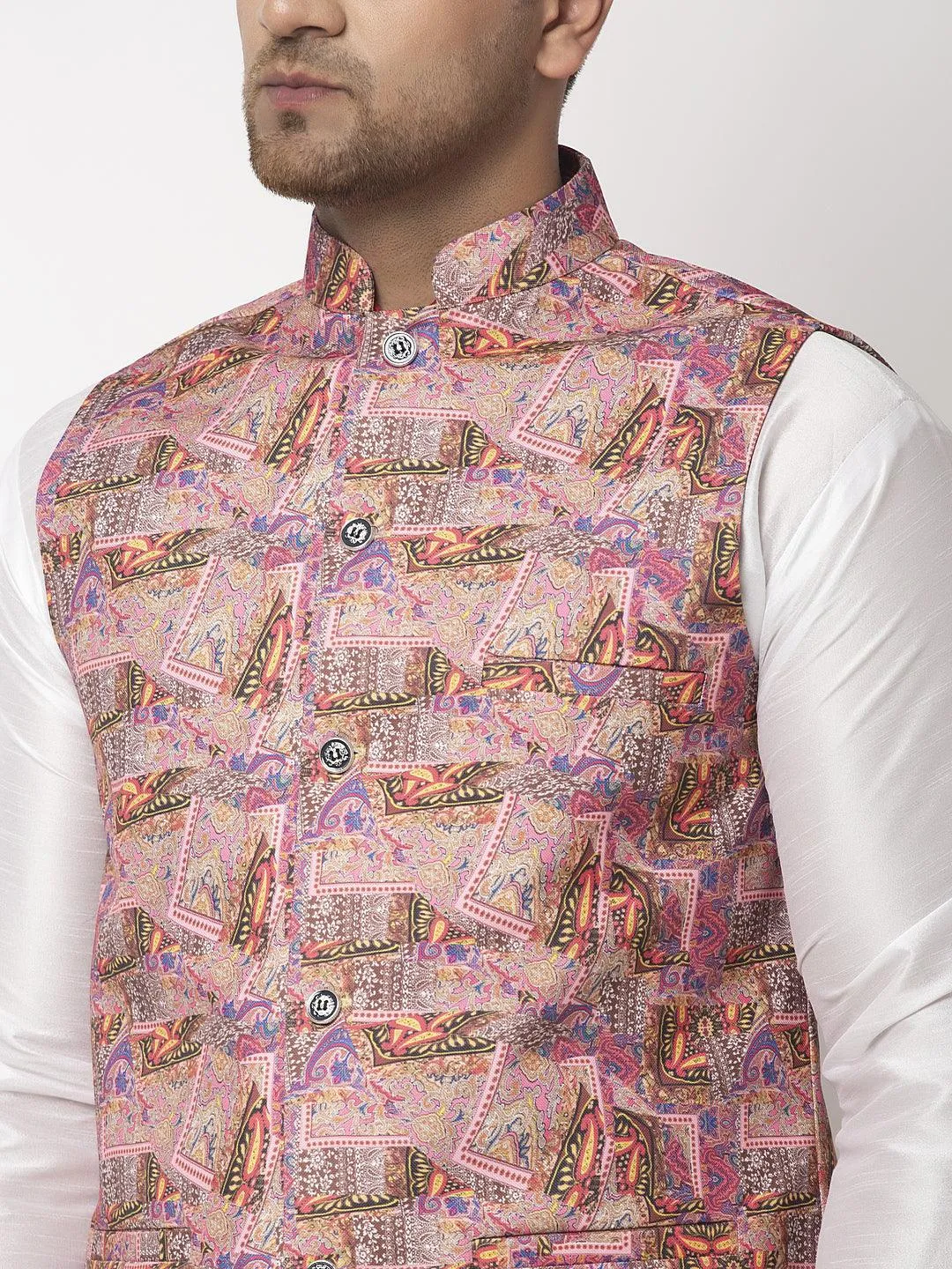 Men's Pink & Multi Printed Nehru Jacket - Benstoke