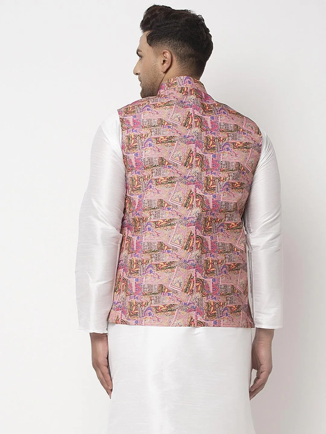 Men's Pink & Multi Printed Nehru Jacket - Benstoke