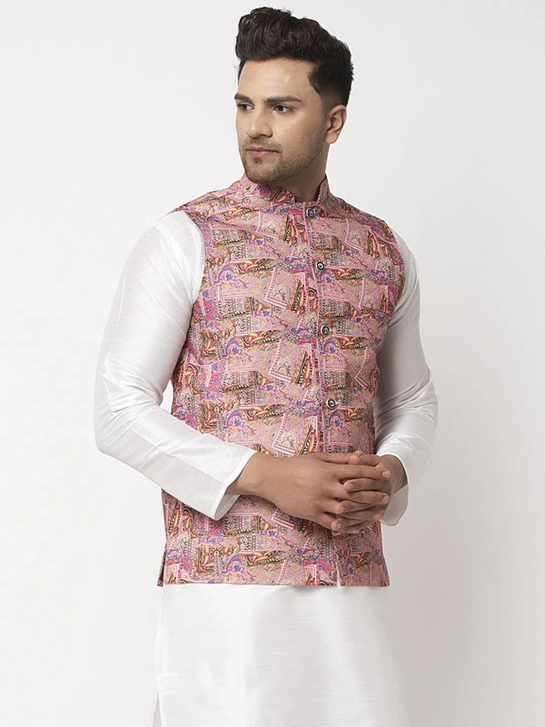 Men's Pink & Multi Printed Nehru Jacket - Benstoke