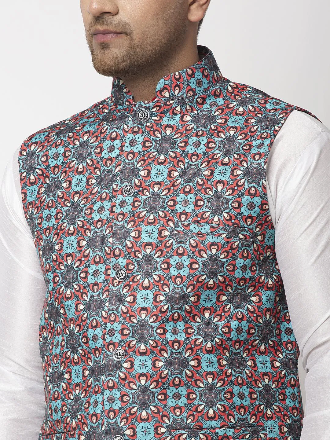 Men's Sky Blue & Black Printed Nehru Jacket - Benstoke