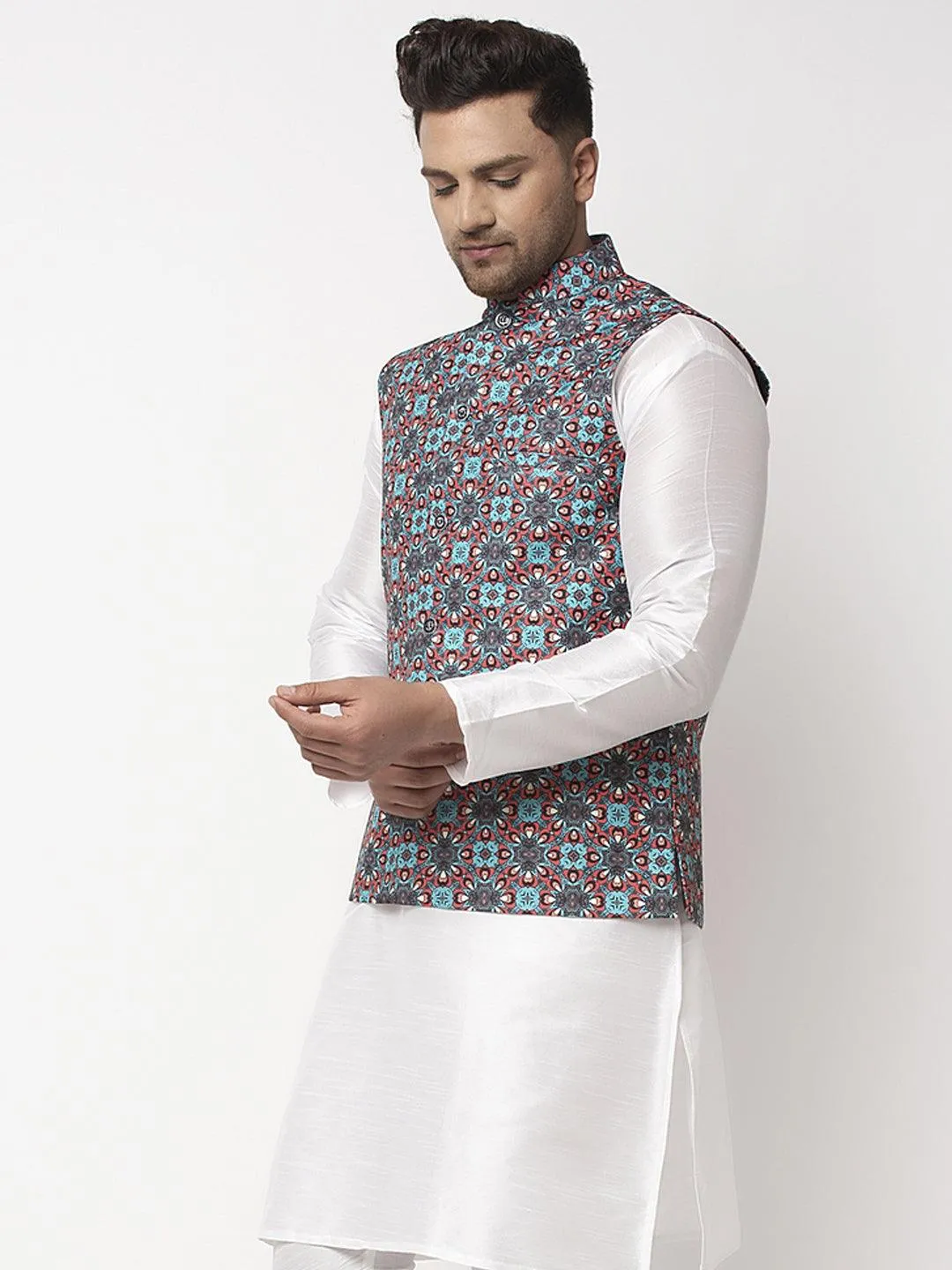 Men's Sky Blue & Black Printed Nehru Jacket - Benstoke