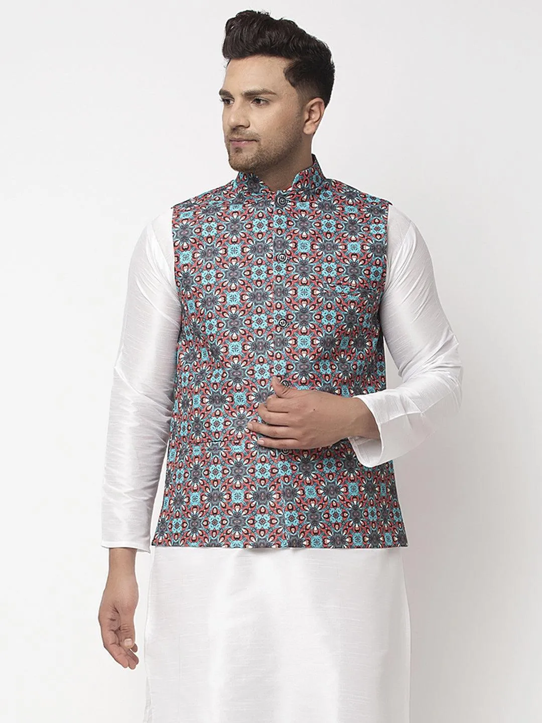 Men's Sky Blue & Black Printed Nehru Jacket - Benstoke