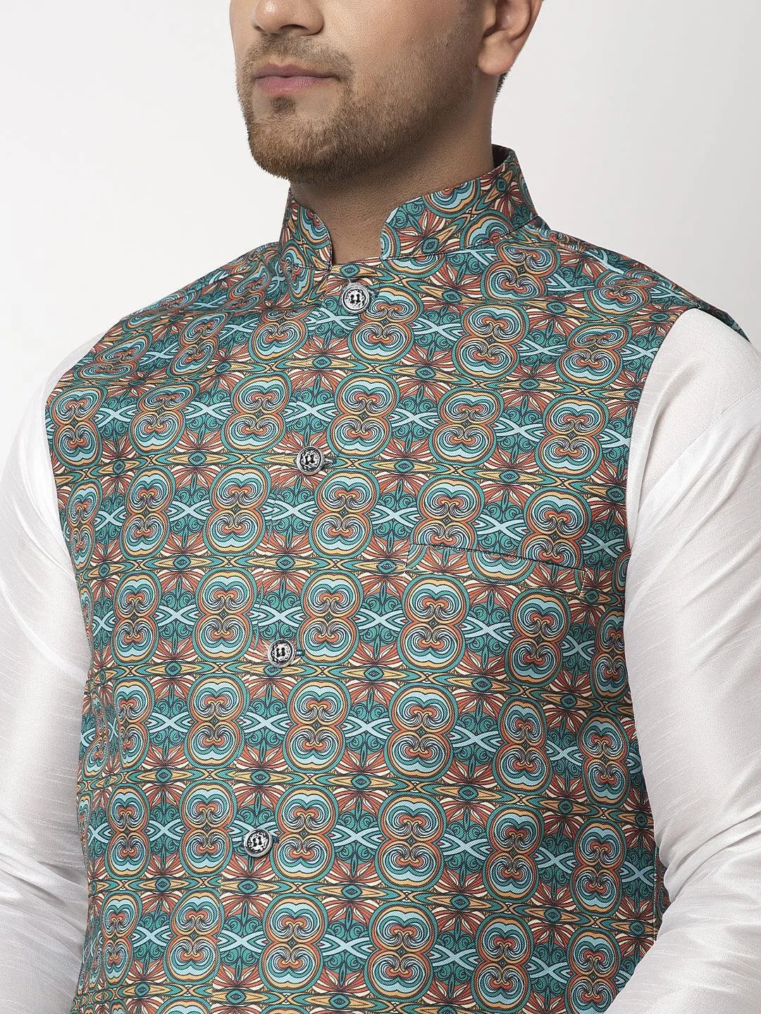 Men's Teal Blue & Multi Printed Nehru Jacket - Benstoke