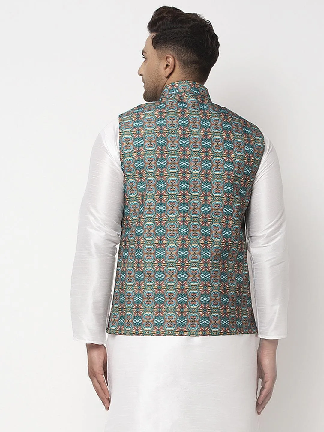 Men's Teal Blue & Multi Printed Nehru Jacket - Benstoke