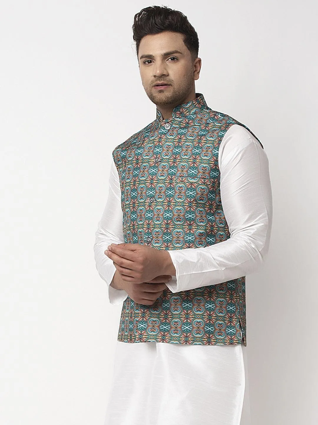 Men's Teal Blue & Multi Printed Nehru Jacket - Benstoke