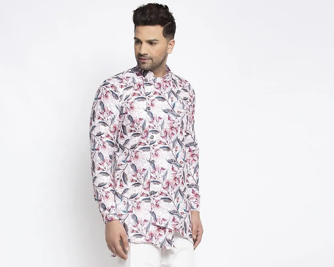 Men's White & Pink Asymmetric Printed Short Kurta - Benstoke