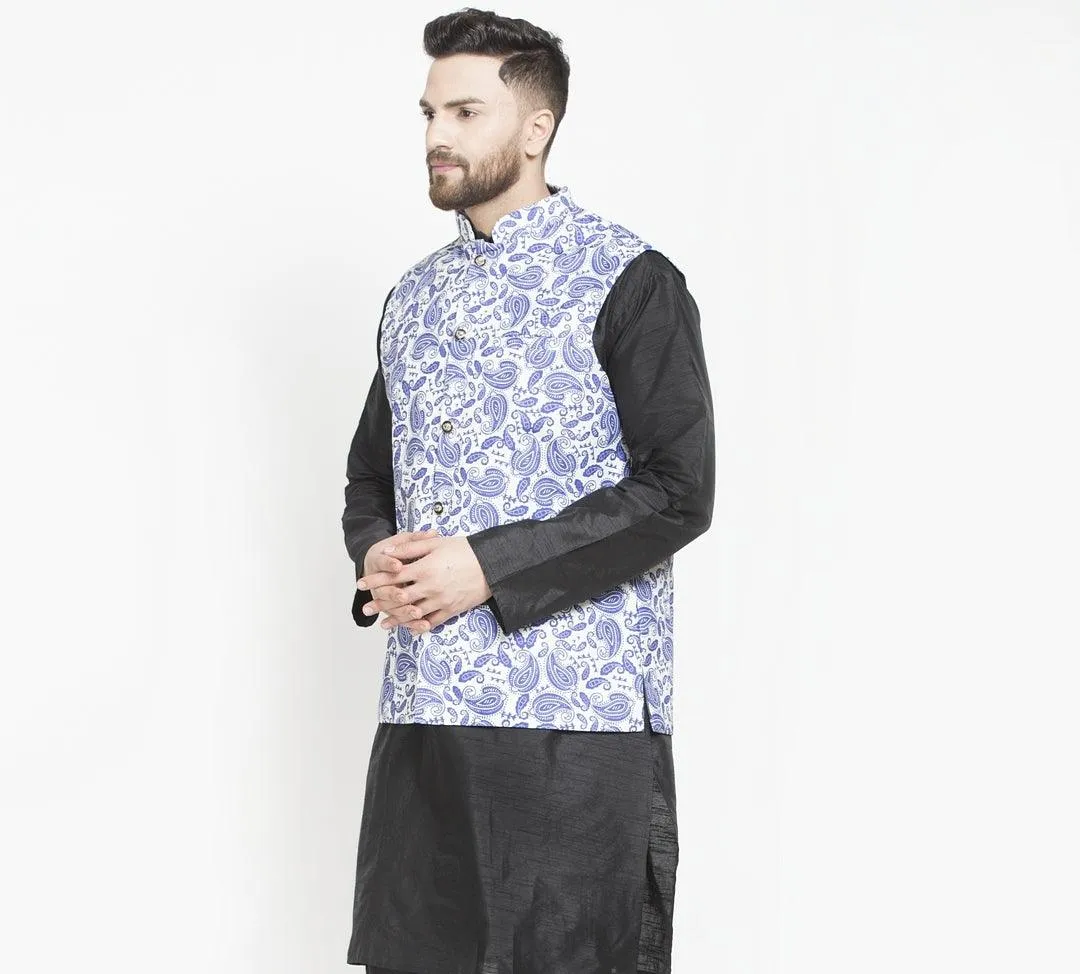 Men's White & Royal Blue Printed Nehru Jacket - Benstoke