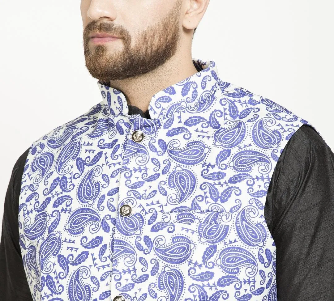 Men's White & Royal Blue Printed Nehru Jacket - Benstoke