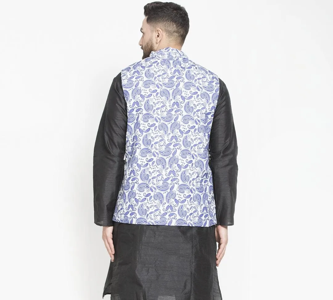 Men's White & Royal Blue Printed Nehru Jacket - Benstoke