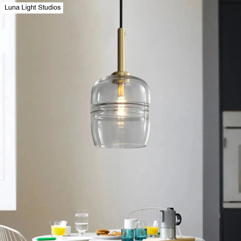 Minimalist Ruffle Pendant Light in Clear/Smoke Gray Glass - Bedside Hanging Lamp Fixture, Brass Finish