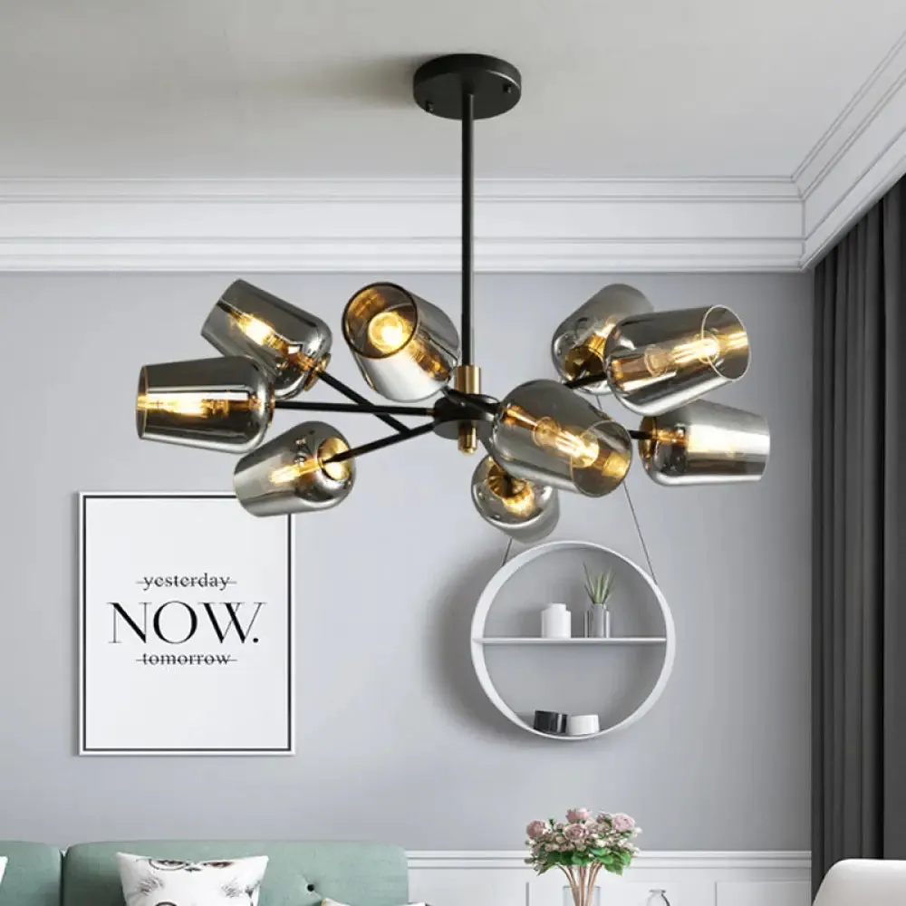 Modern Cup Shaped Chandelier with Clear/Smoke Gray Glass - 6/9 Lights - Bedroom Lighting - Black Suspension Lamp